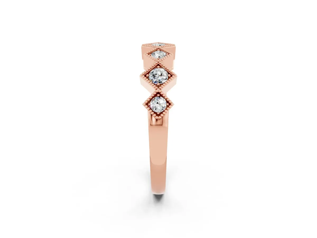 Milgrain Square Bezel Round Moissanite Chevron Band Rose gold
