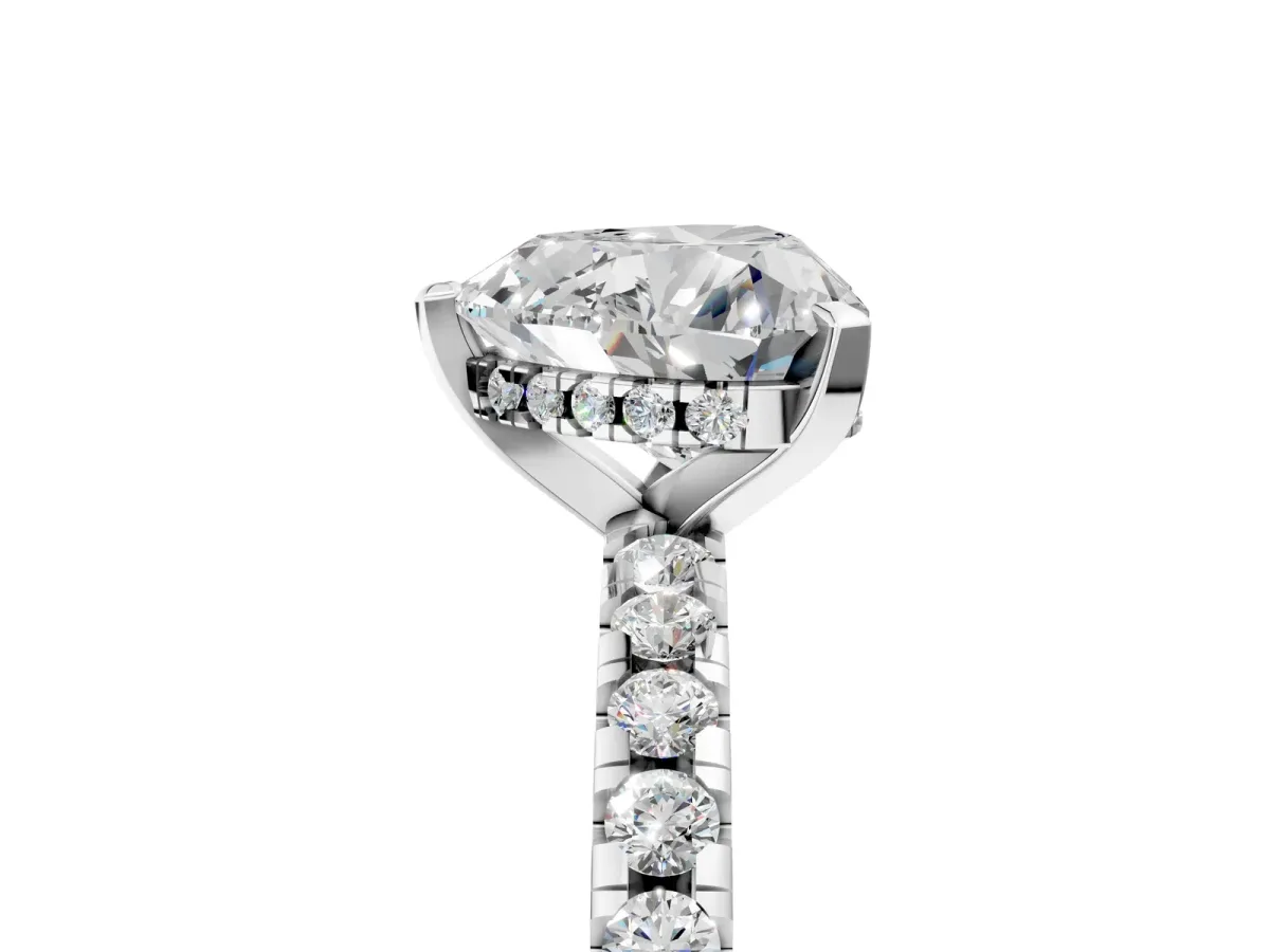 Heart Cut Diamond Solitaire Ring with Round Pavé Band and Four-Prong Setting Silver