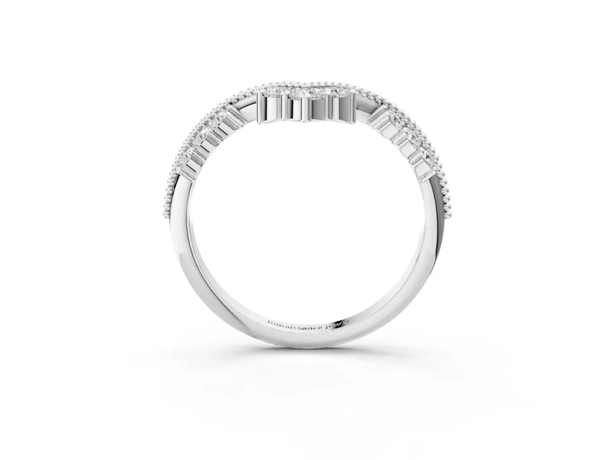 Diamond Chevron Milgrain Band with Round Cut Stones and Prong Setting Silver