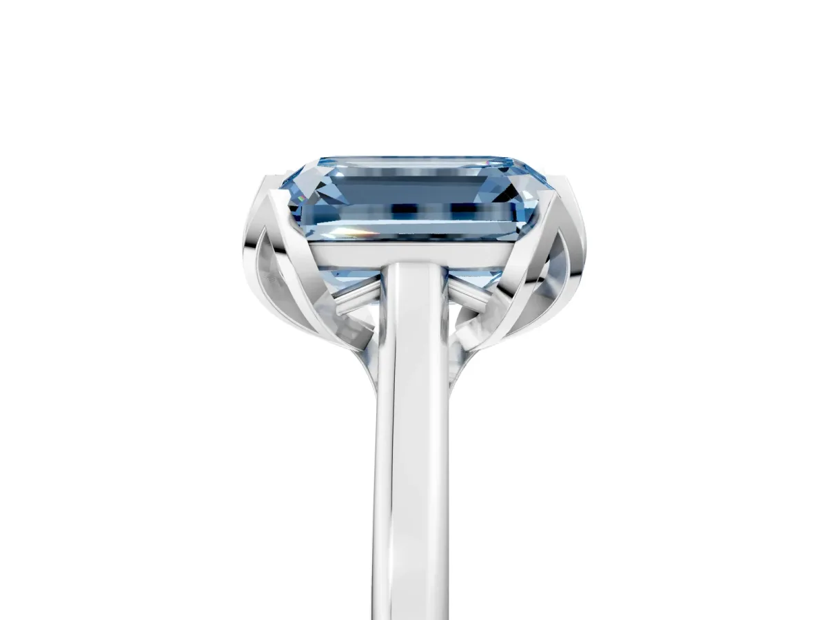 Fancy Blue Emerald Cut Diamond Solitaire Ring with Flower Prong Setting and Classic Band White gold