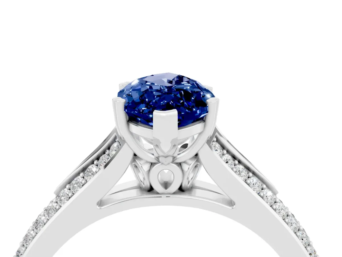 Marquise Cut Blue Sapphire Split Shank Engagement Ring with Pavé Band White gold