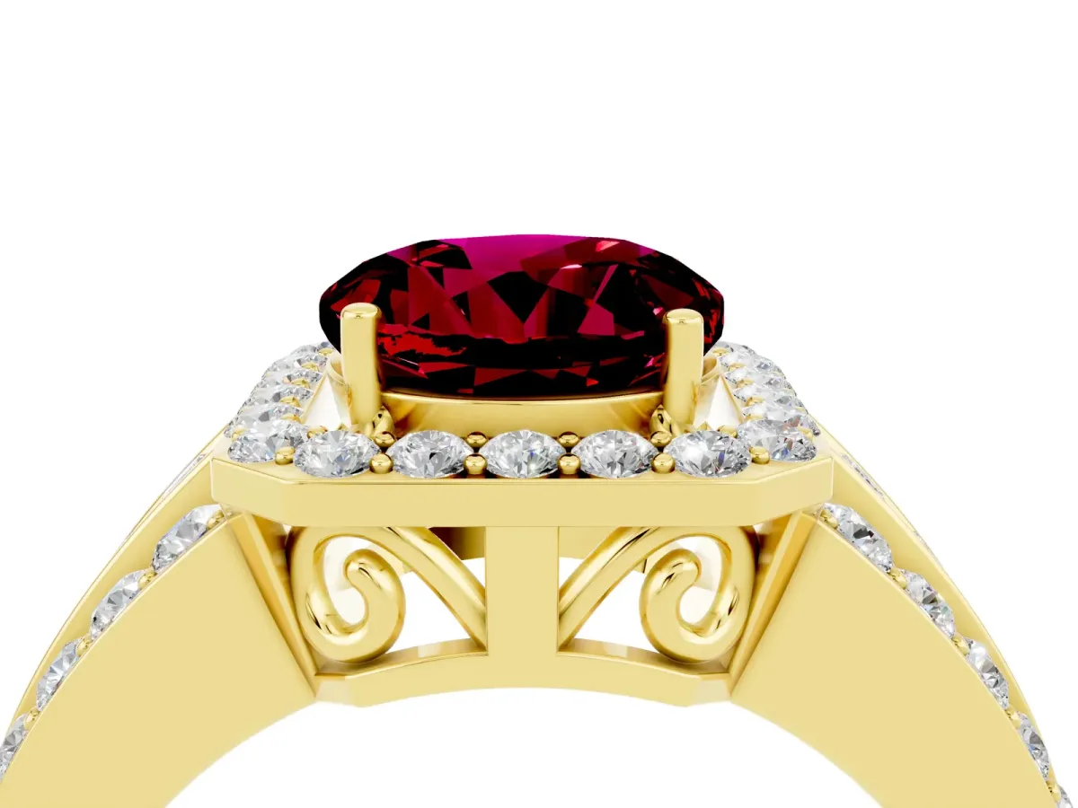 Round Cut Halo Garnet Ring with Round Split Shank and Prong Setting Yellow gold