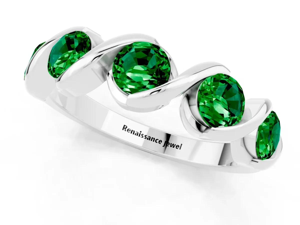 Round Emerald Wave Band with Channel Setting and Shared Prongs Platinum