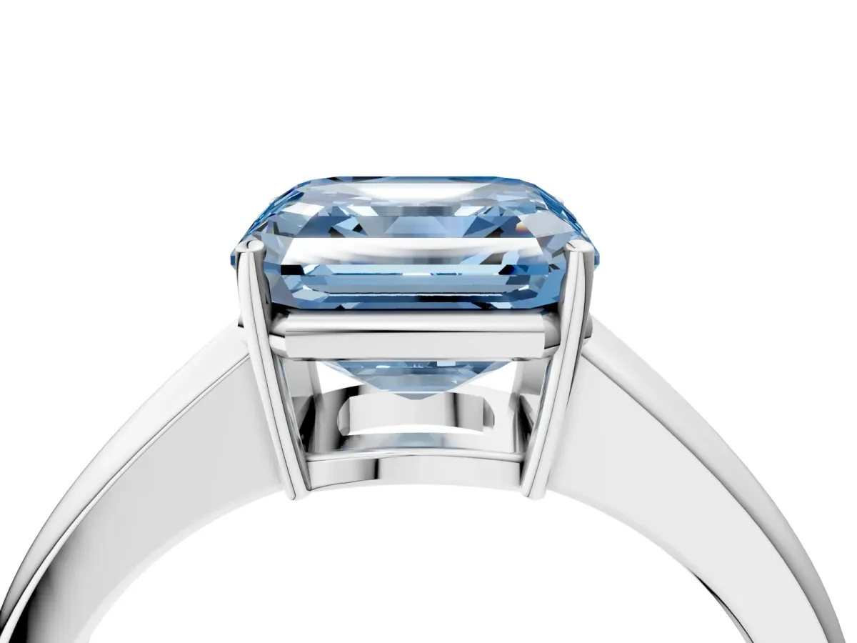 Fancy Blue Asscher Cut Solitaire Diamond Ring with Tapered Band and Four-Prong Setting Platinum