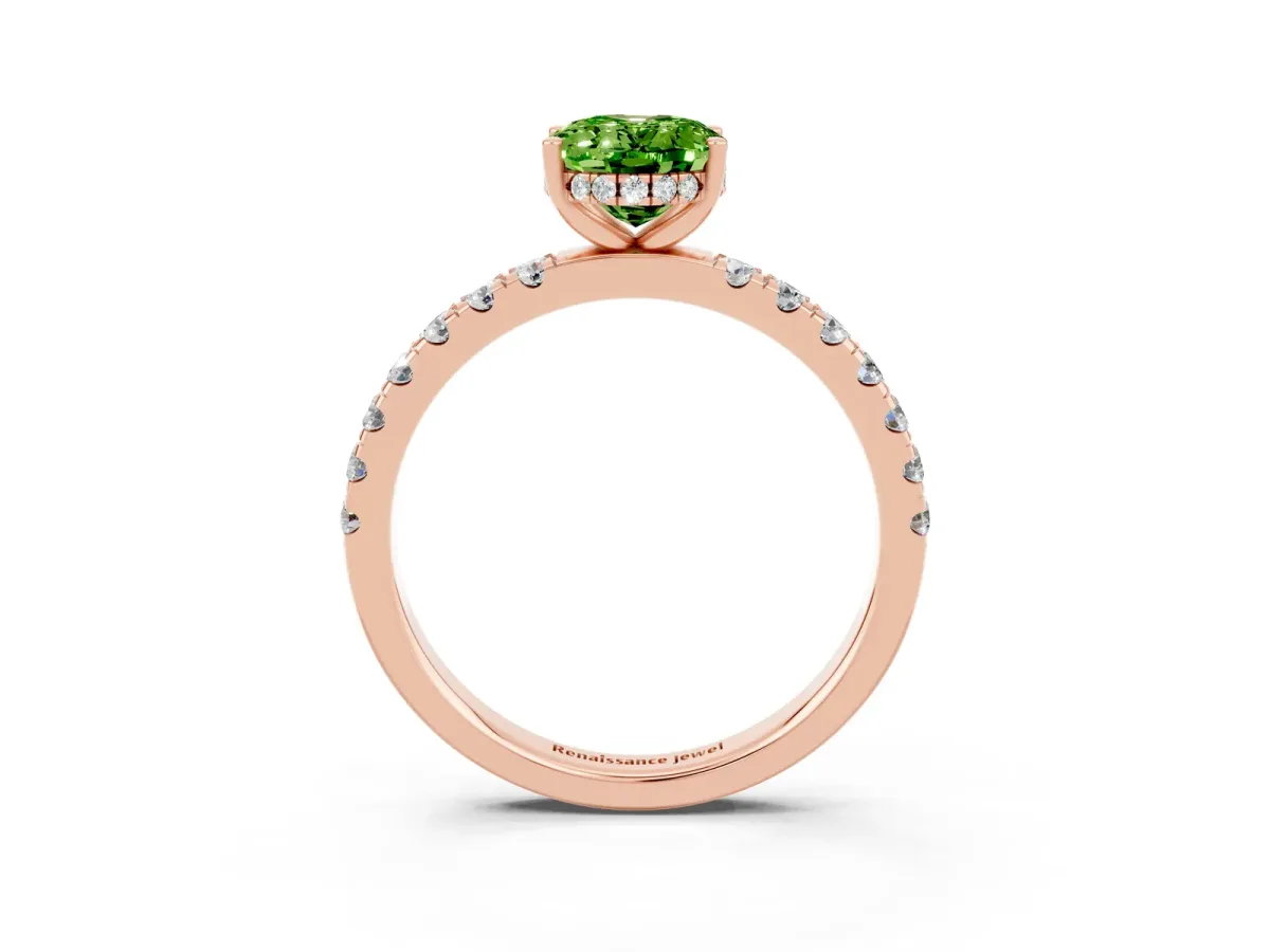Oval Cut Peridot Pave Band Solitaire Ring with Round and Prong Setting Rose gold