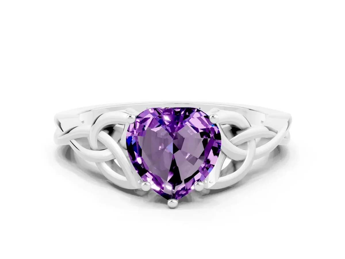 Heart Cut Amethyst Solitaire Engagement Ring with Celtic Knot Band and Four-Prong Setting Silver