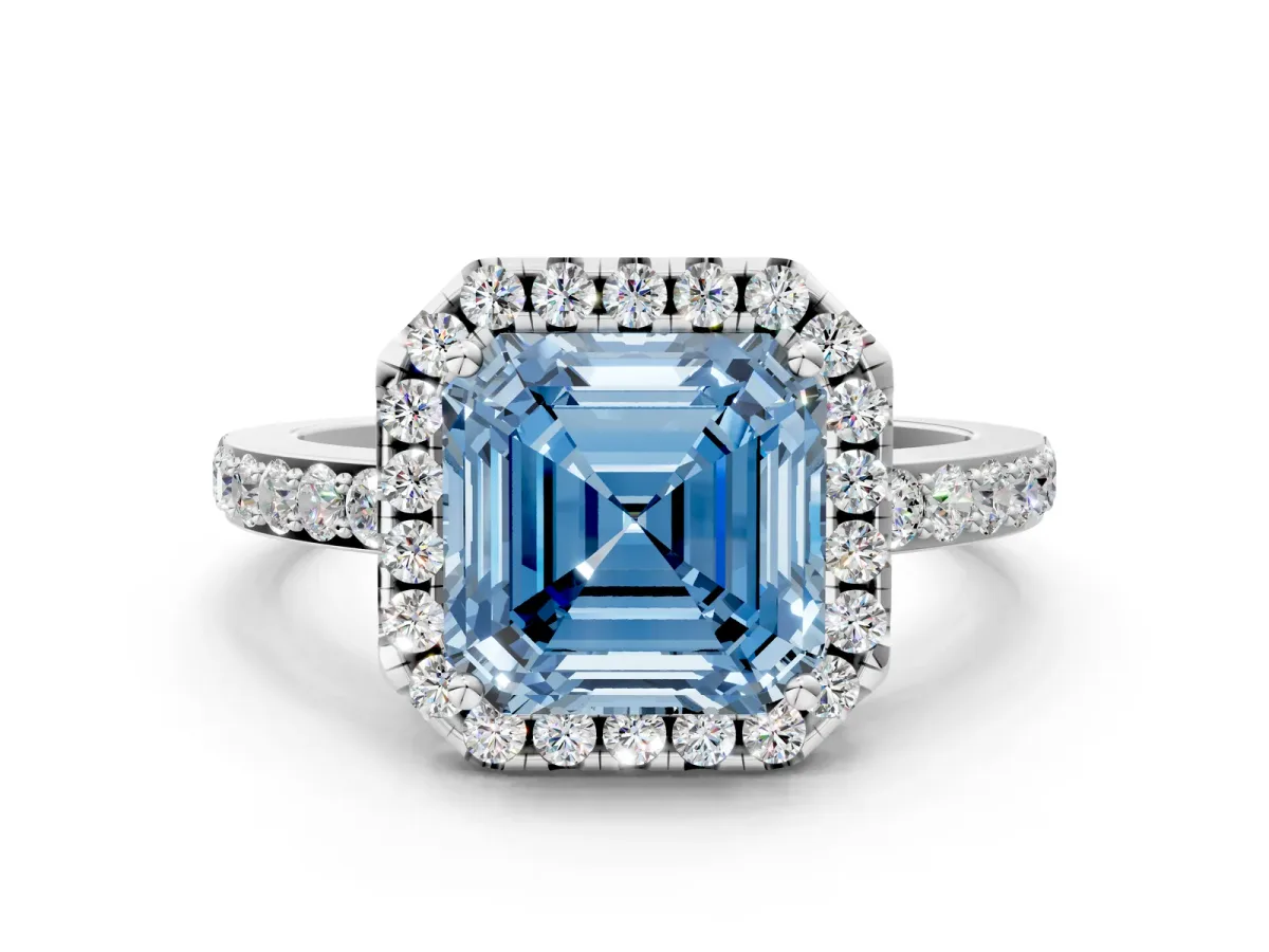 Fancy Blue Asscher Cut Halo Diamond Pavé Band Ring with Prong Setting Silver