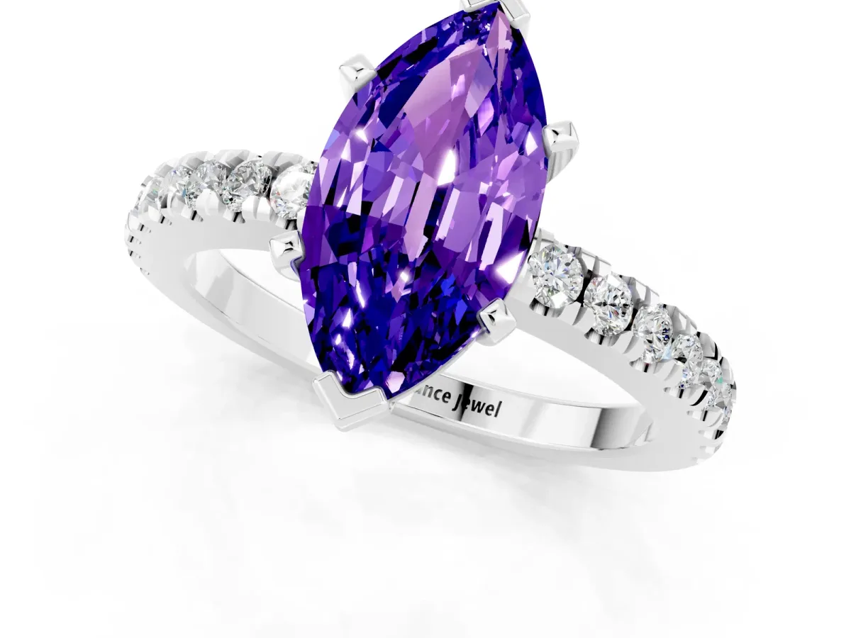 Marquise Cut Solitaire Tanzanite with Pavé Band and Four-Prong Setting Silver