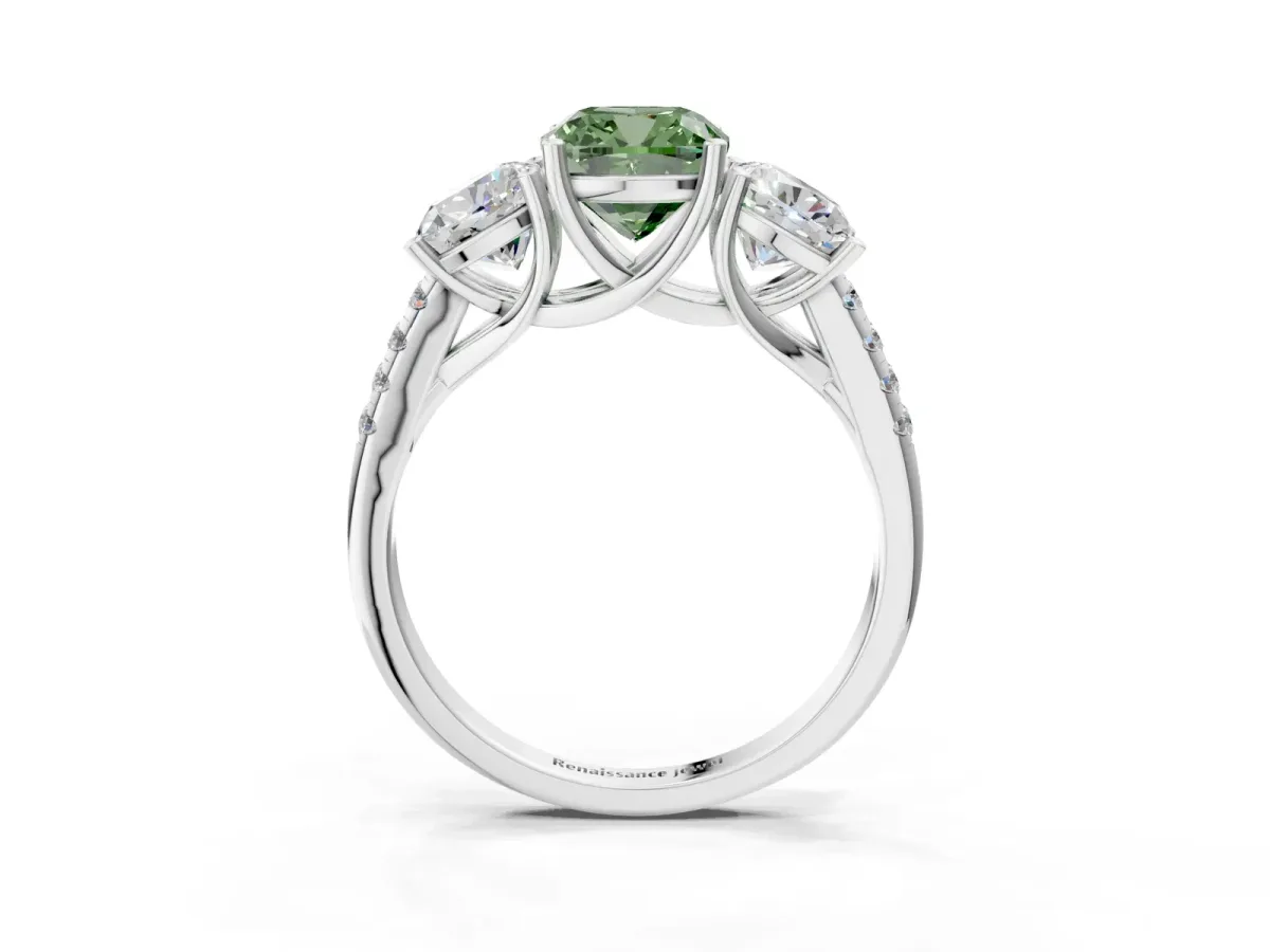 Fancy Green Three-Stone Cushion Cut Diamond Ring with Round Pavé Band and Prong Setting Silver