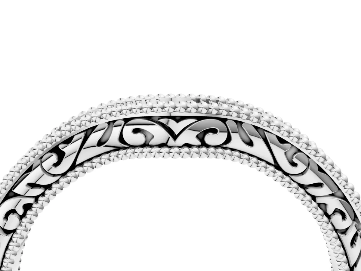 Pave Round Diamond Curved Milgrain Band Silver