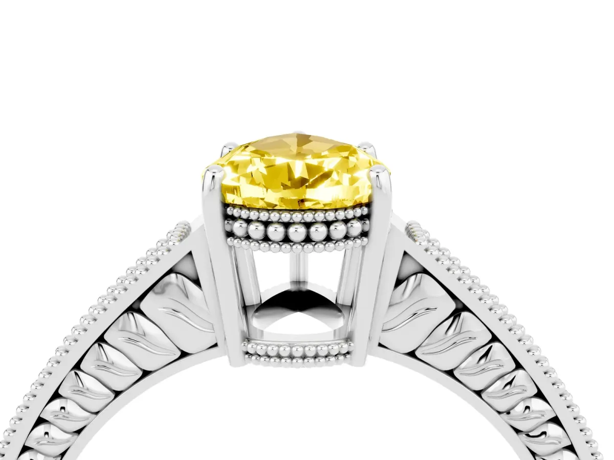 Pear Cut Yellow Sapphire Ring with Milgrain Pavé Band and Four-Prong Setting Platinum