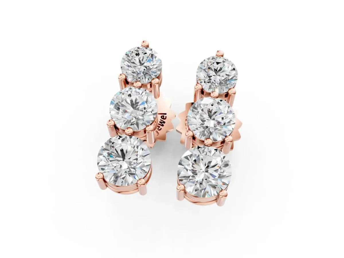 Three-Stone Round Diamond Prong-Set Drop Earrings Rose gold