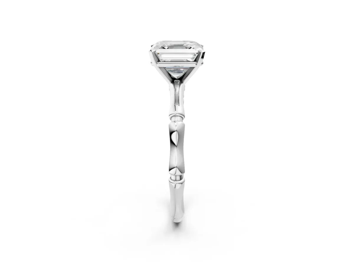 Asscher Cut Solitaire Diamond Ring with Bamboo Band and Four-Prong Setting Platinum