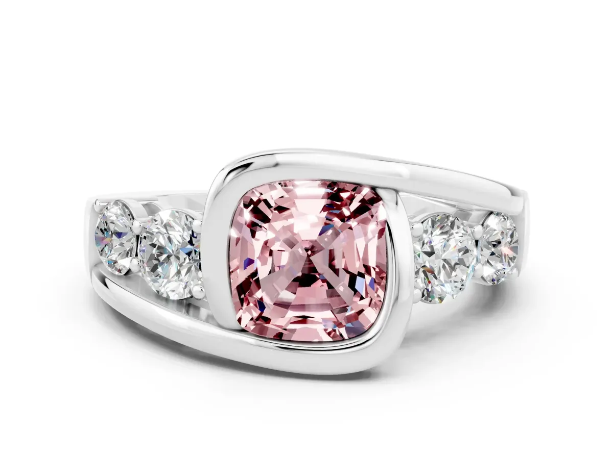 Bezel Set Cushion Cut Morganite Bypass Ring with Round Accents Platinum