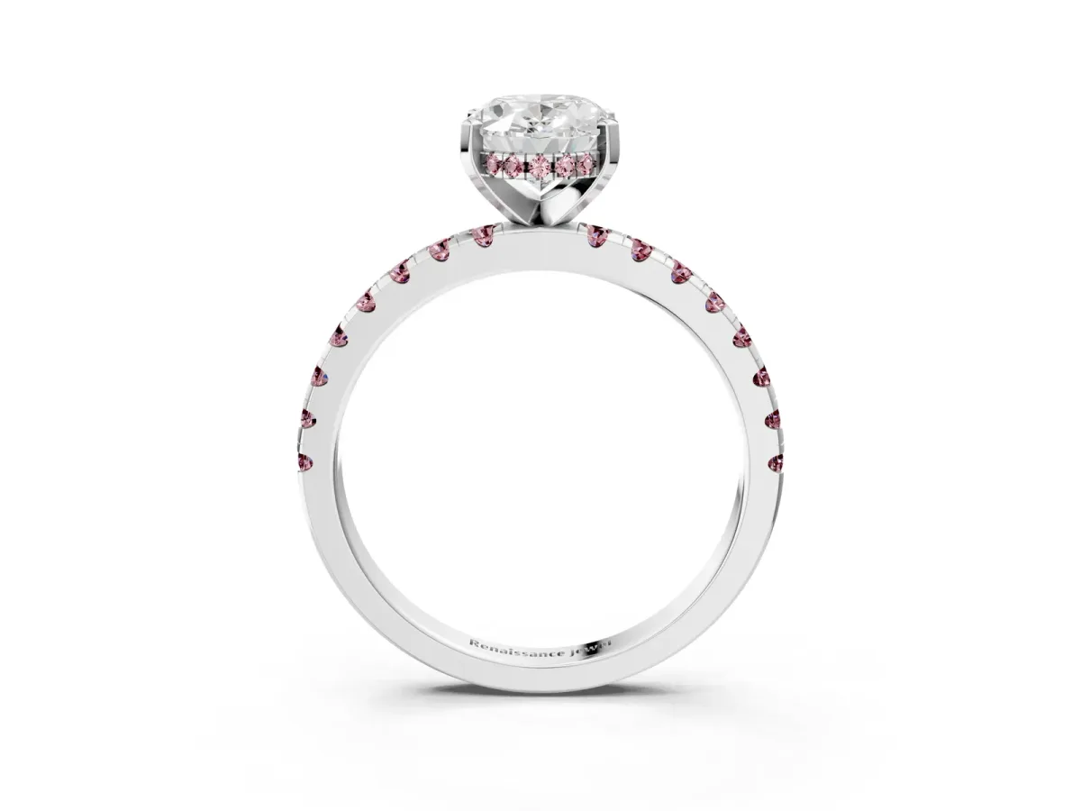 Oval Cut Diamond Solitaire Ring with Round Morganite Pavé Band and Four-Prong Setting Silver