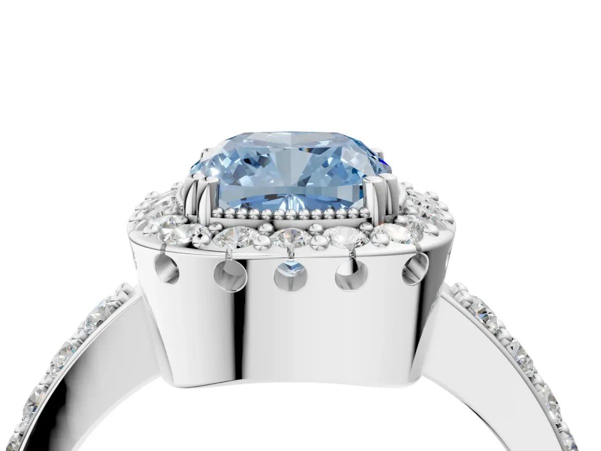 Fancy Blue Cushion Cut Diamond Halo Ring with Pavé Band and Prong Setting Silver