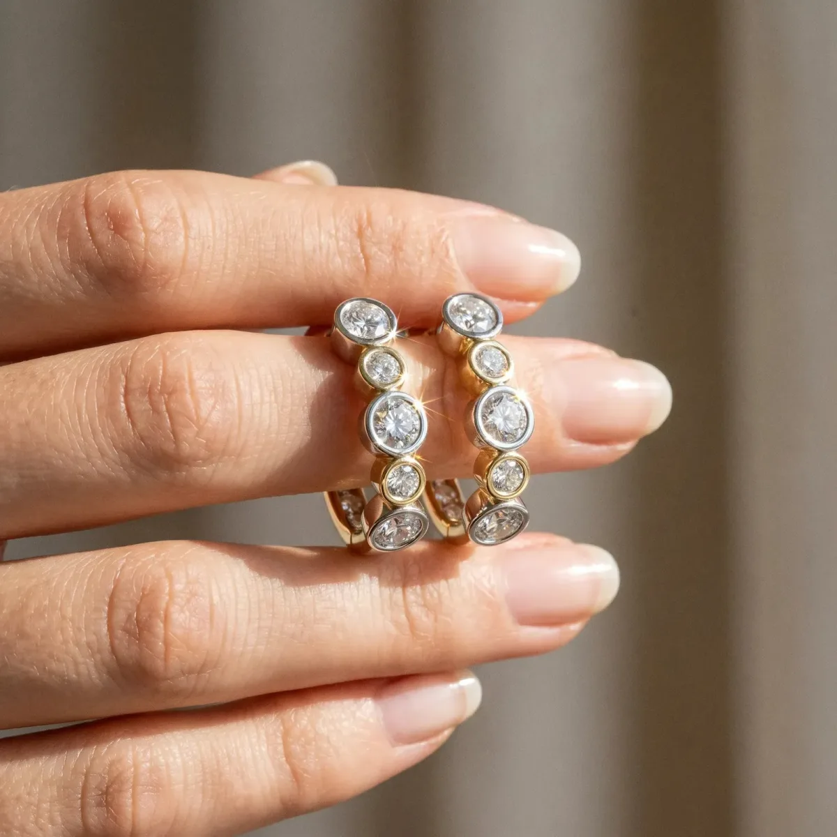 Channel-Set Round Diamond Two-Tone Hoop Earrings with Claw Prong Setting Silver