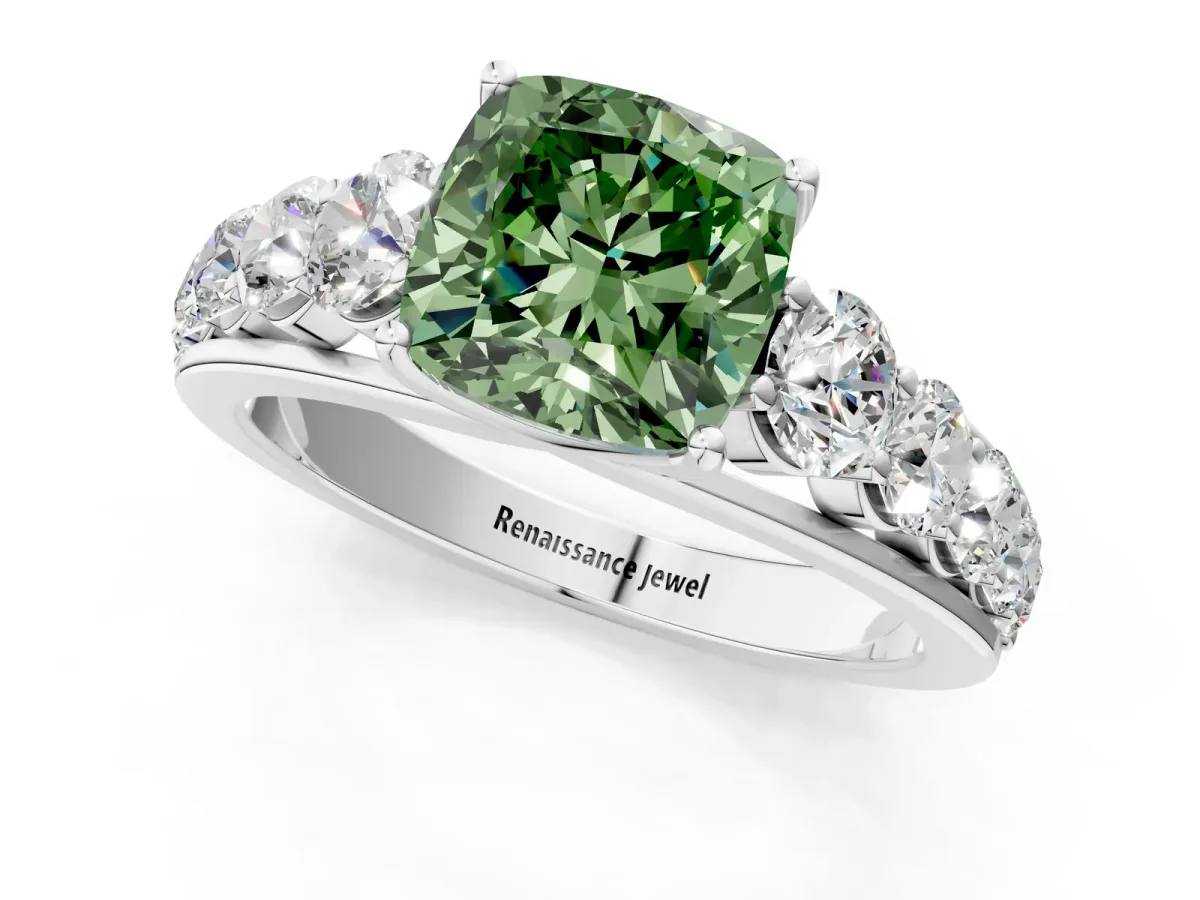 Fancy Green Cushion Cut Brilliant Diamond Pavé Band with Six-Prong Setting Silver