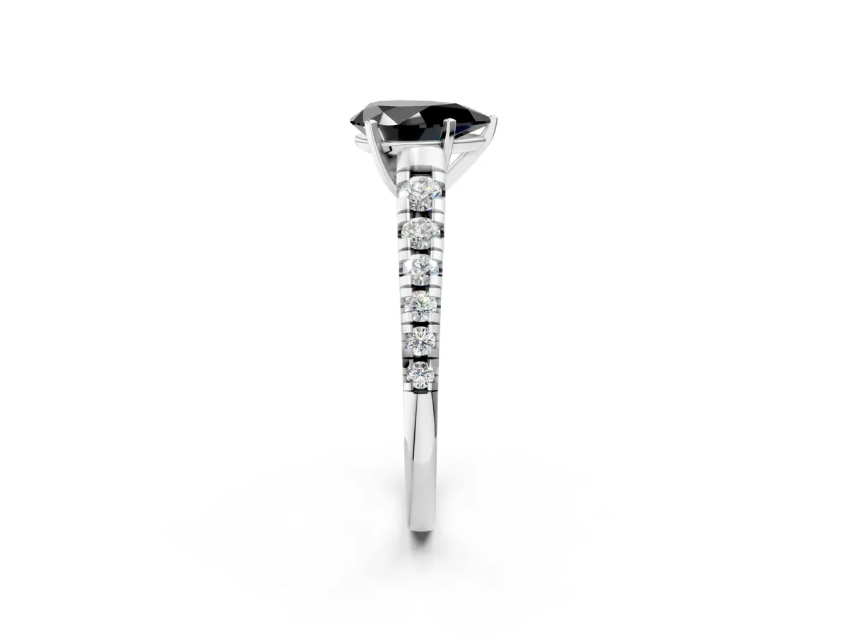 Fancy Black Pear Cut Diamond Cathedral Solitaire Ring with Round Pavé Band Platinum