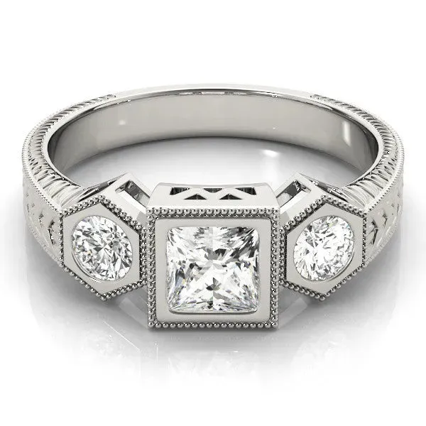 Bezel-Set Princess and Round Cut Milgrain Band Ring Platinum