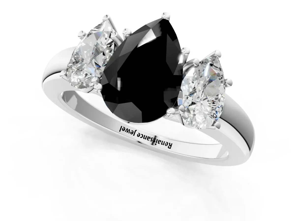 Fancy Black Pear Cut Diamond Three-Stone Ring with Four-Prong Setting and Classic Band White gold