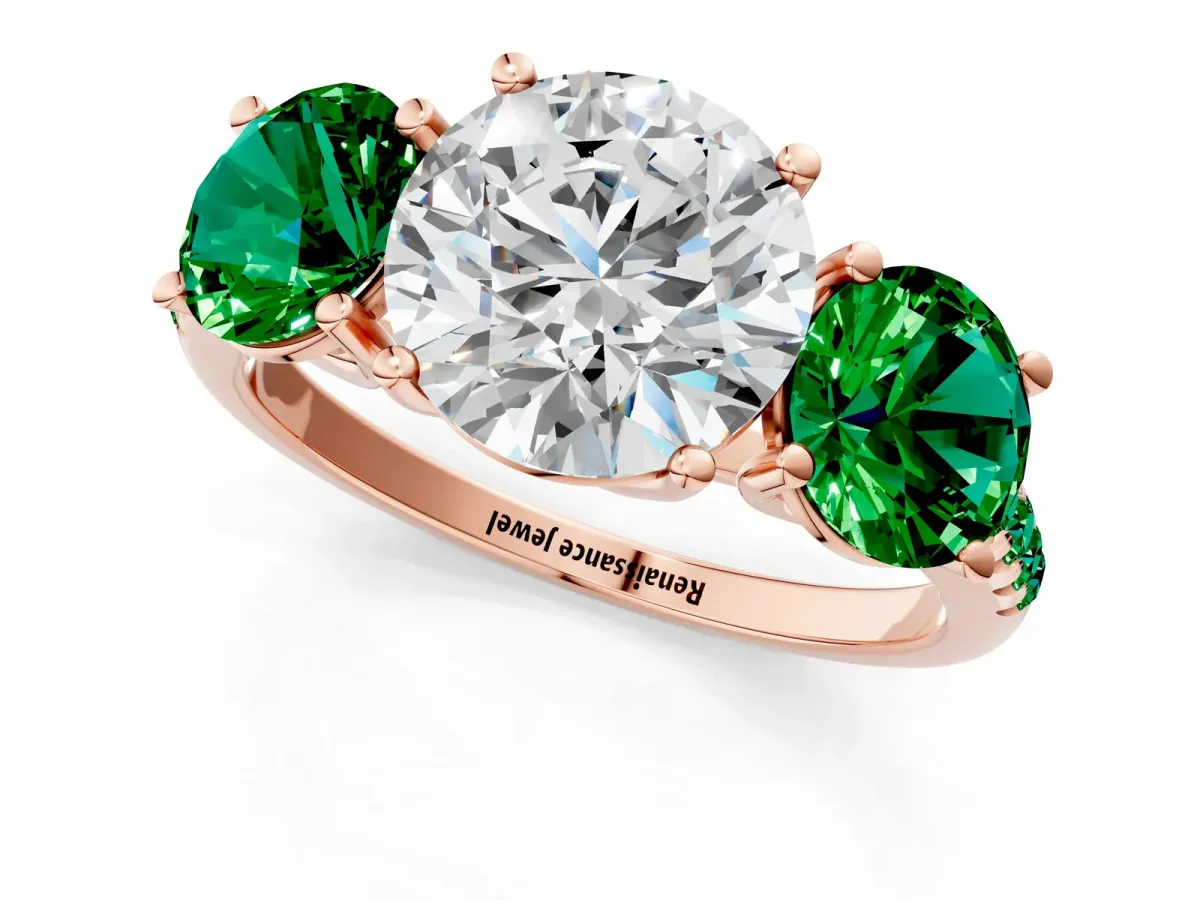 Three-Stone Round Cut Diamond Ring with Round Emerald Pavé Band and Prong Setting Rose gold