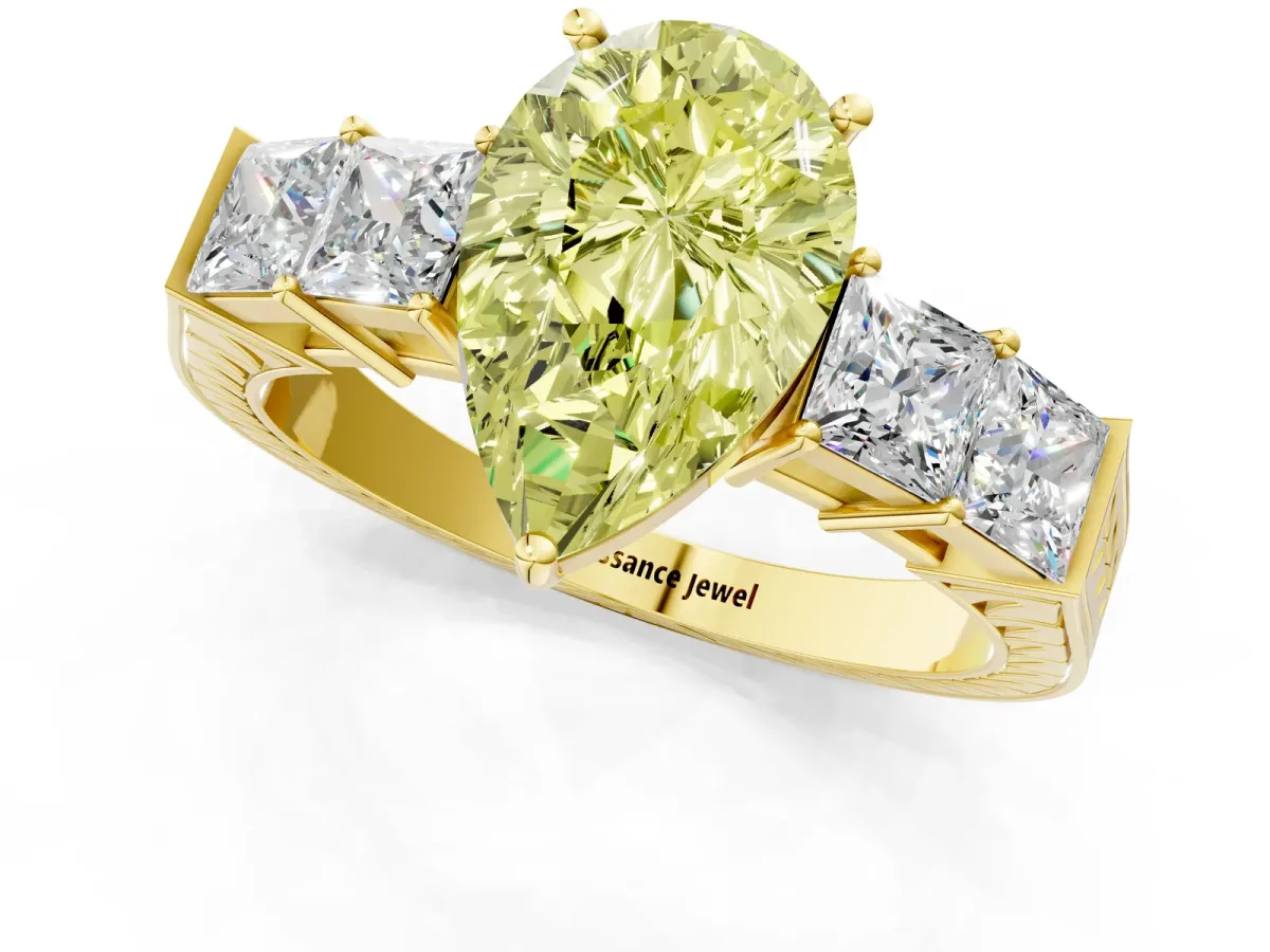 Fancy Yellow Pear Cut Solitaire Princess Side Stone Engraved Band Prong Setting Ring Yellow gold