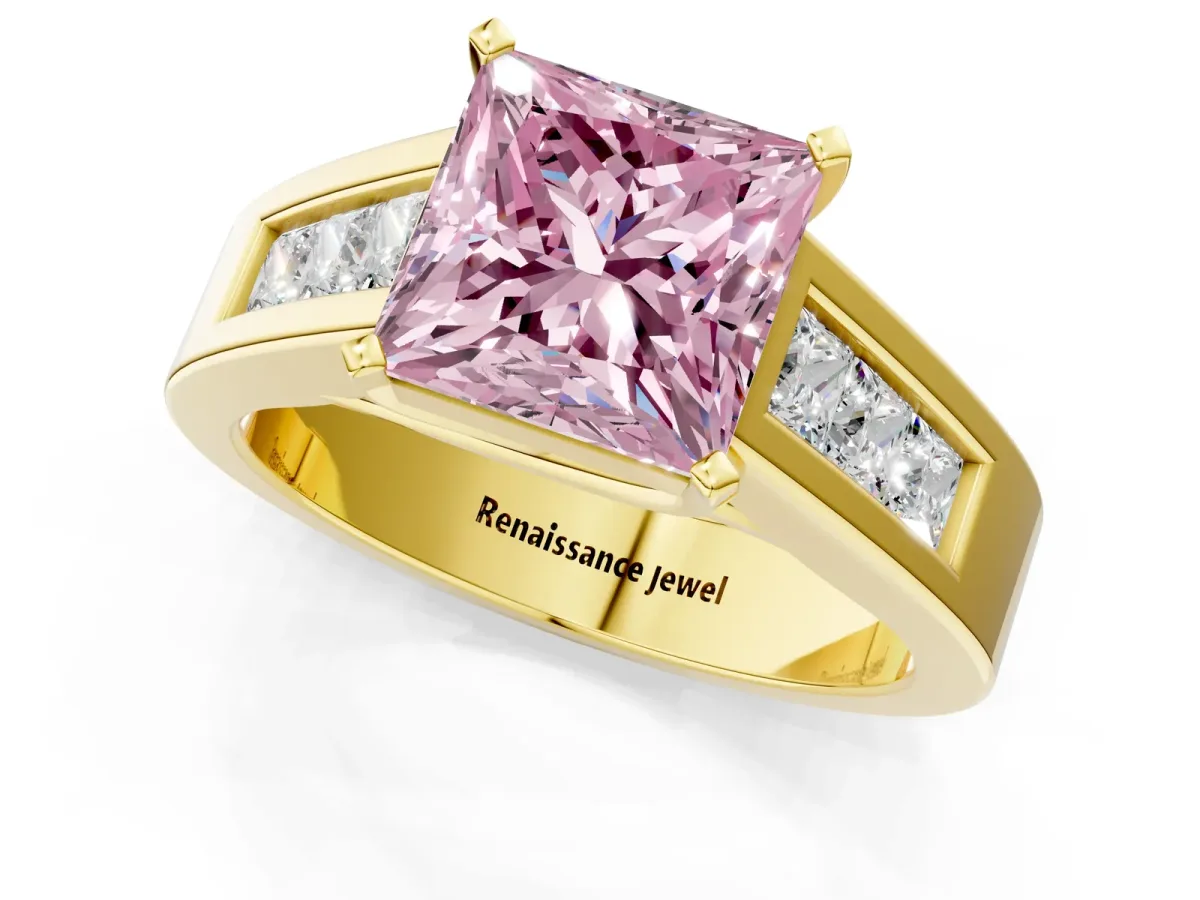 Fancy Pink Princess Cut Cut Channel Set Solitaire Ring with Four-Prong Setting Yellow gold