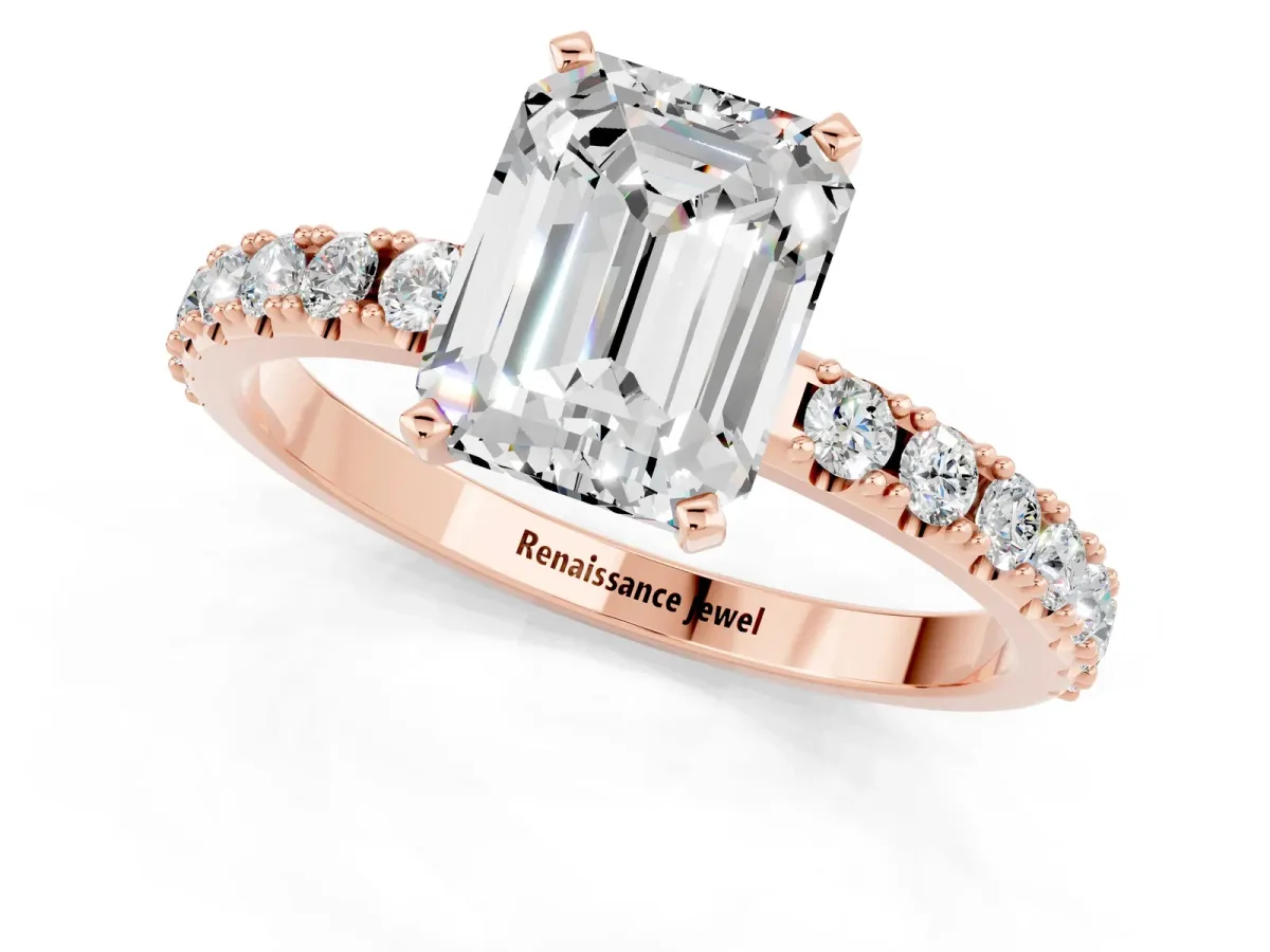 Emerald Cut Moissanite Solitaire Pavé Band with Four-Prong Setting Rose gold
