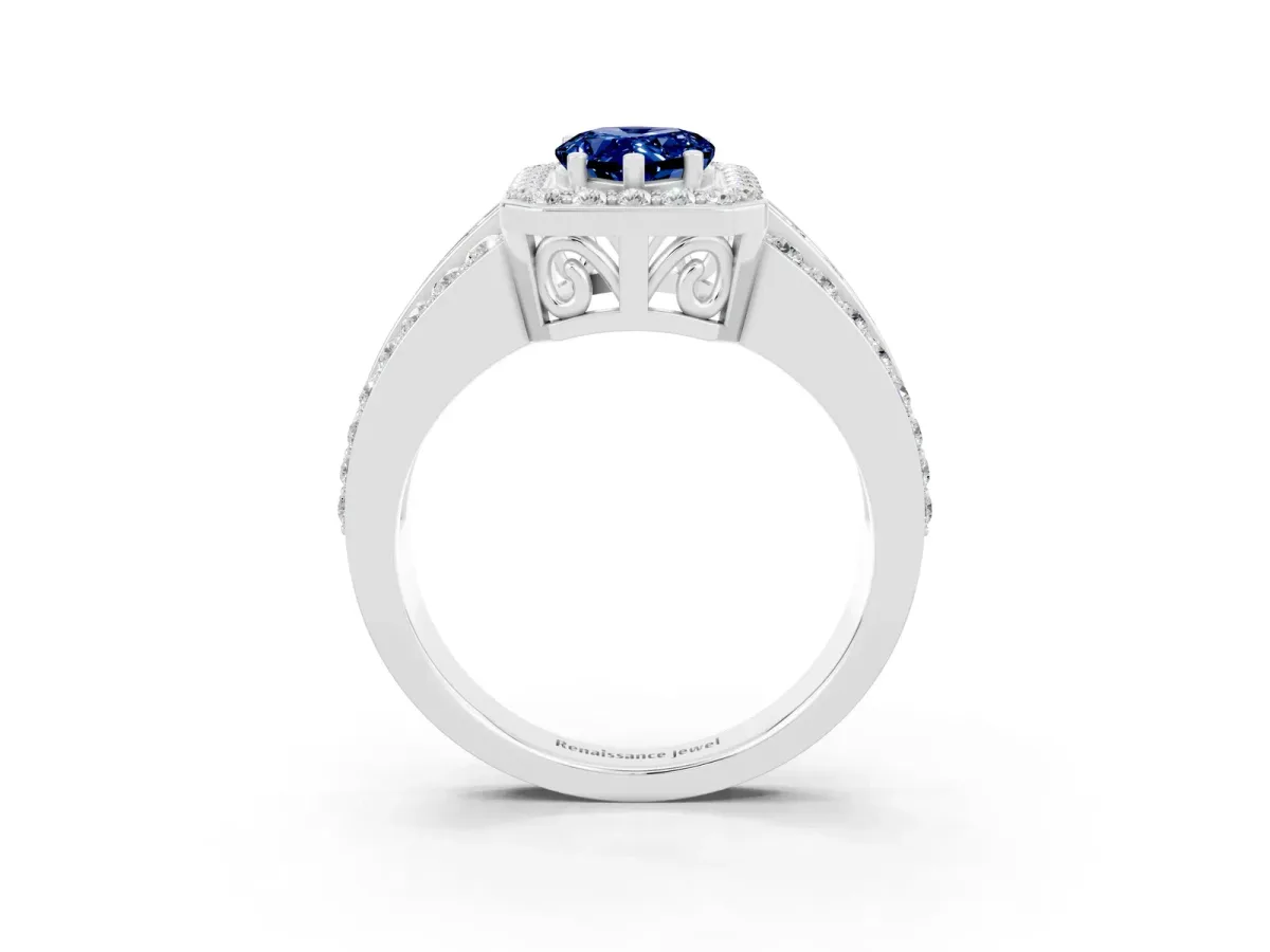 Pear Cut Halo Blue Sapphire Ring with Round Split Shank and Prong Setting Silver