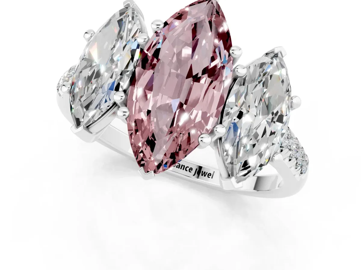 Three-Stone Marquise Cut Morganite Ring with Round Pavé Band and Prong Setting Silver