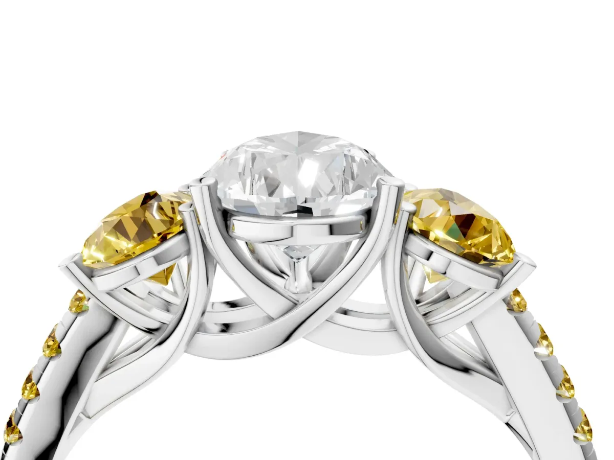 Three-Stone Pear Cut Diamond Ring with Round Yellow Sapphire Pavé Band and Prong Setting Silver