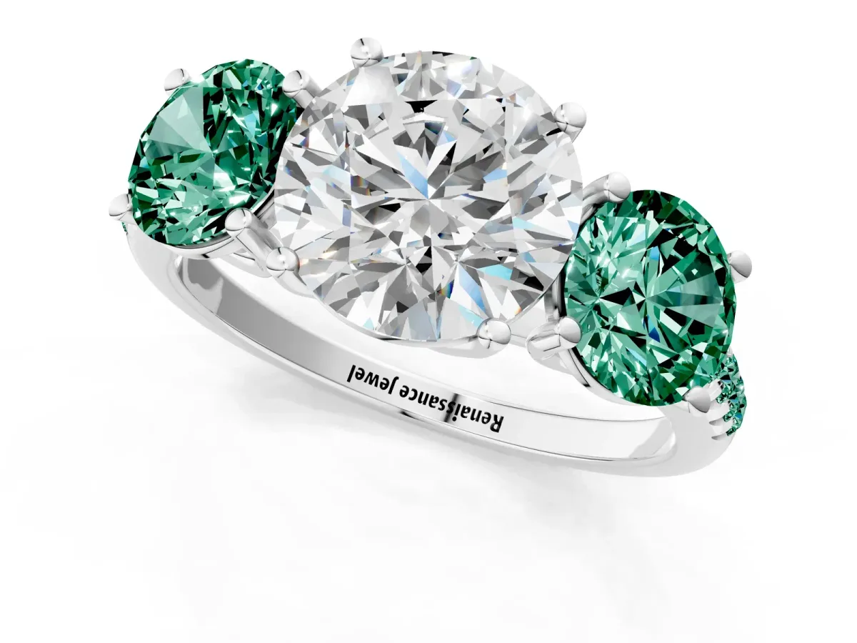 Three-Stone Round Cut Diamond Ring with Round Green Sapphire Pavé Band and Prong Setting Silver