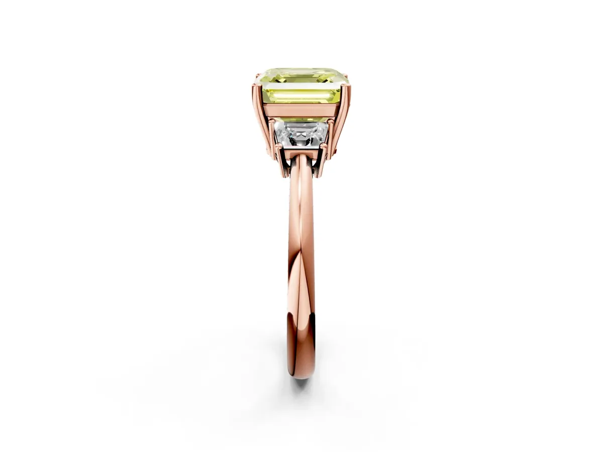 Fancy Yellow Asscher Cut Diamond Three-Stone Ring with Trapezoid Side Stones and Prong Setting Rose gold