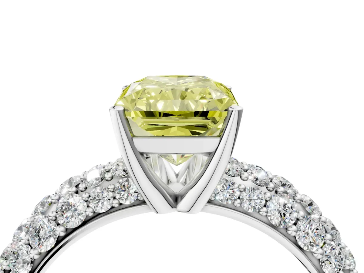 Fancy Yellow Radiant Cut Diamond Pavé Band Solitaire Ring with Four-Prong Setting Platinum