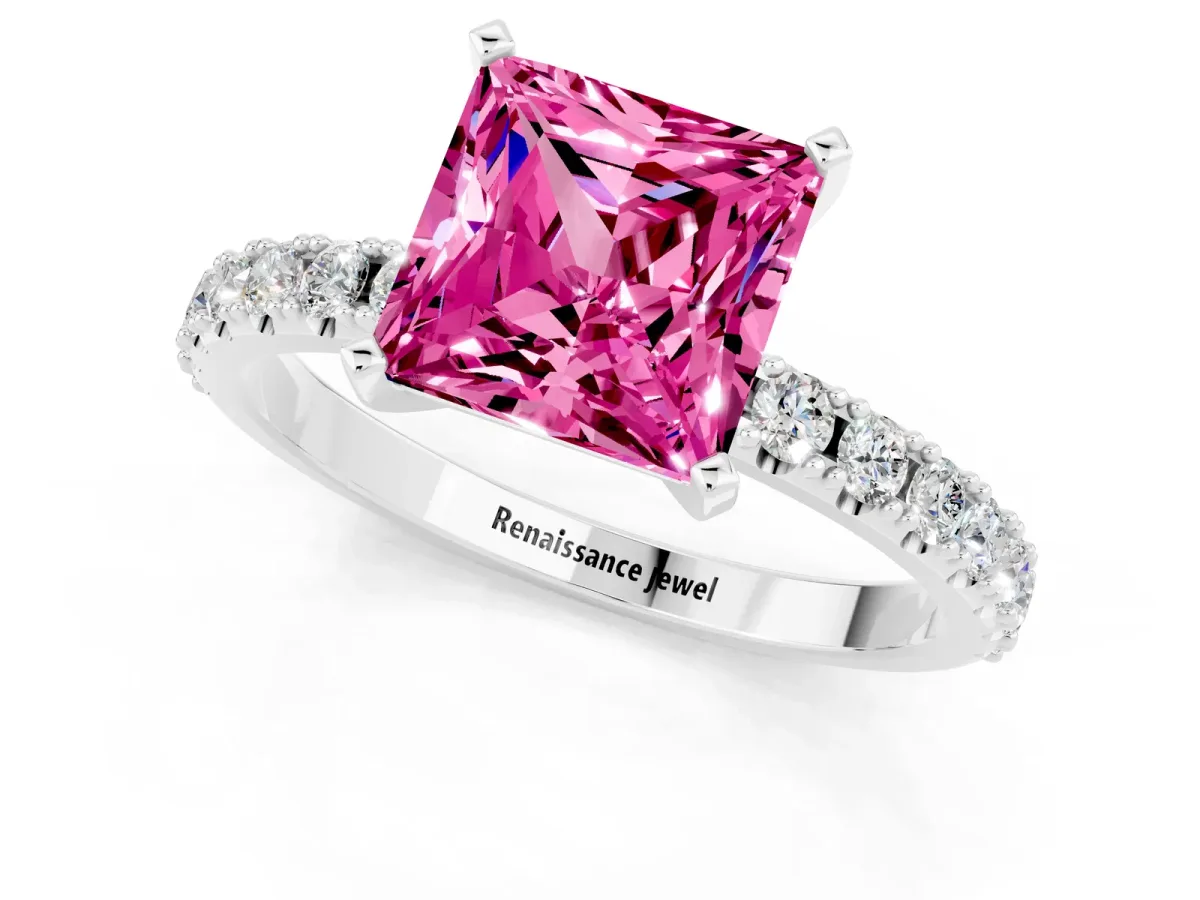 Princess Cut Pink Sapphire Solitaire Pavé Band with Four-Prong Setting Silver