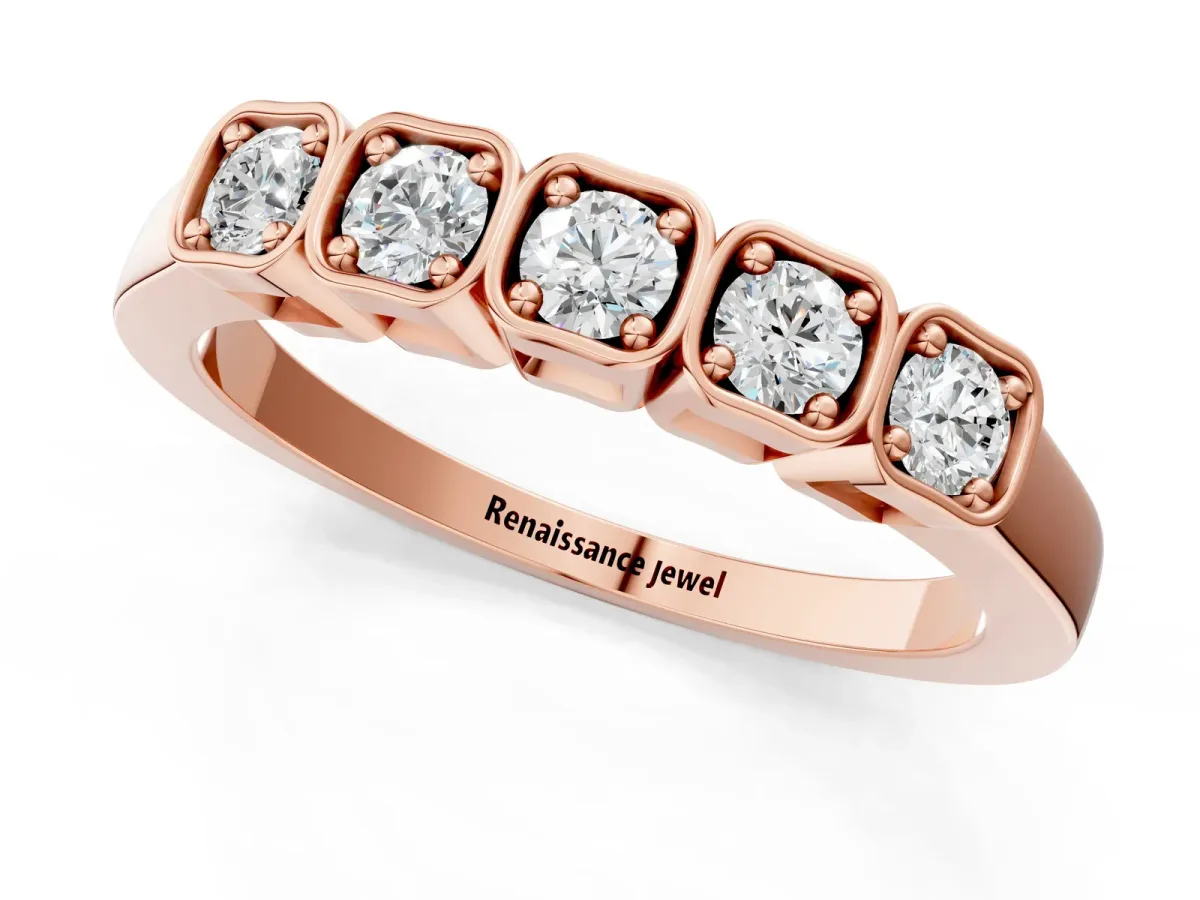 Five-Stone Round Diamond Bezel Set White Gold Band Rose gold