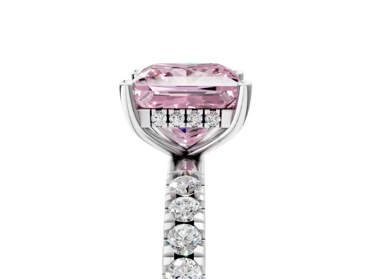 Fancy Pink Princess Cut Diamond Pave Band Solitaire Ring with Round and Prong Setting Silver