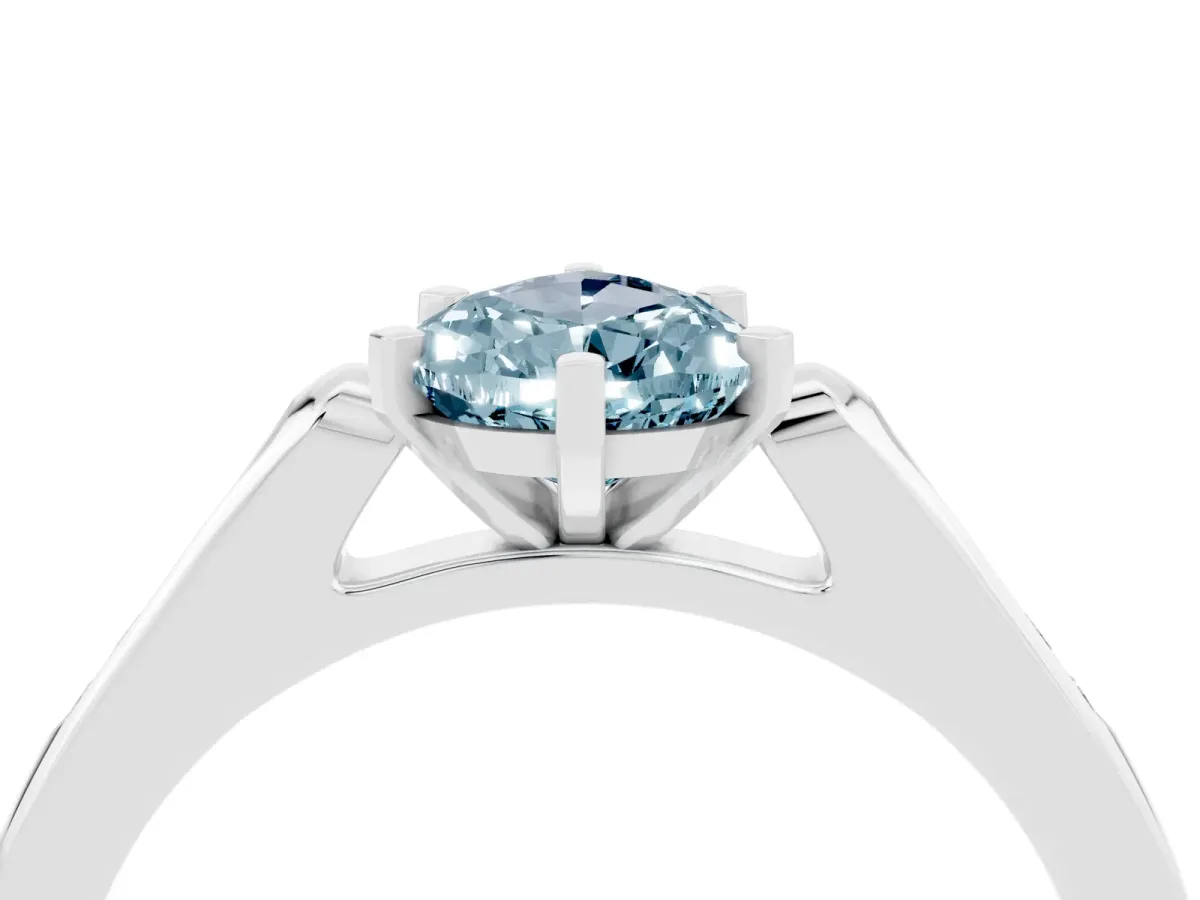 Pear Cut Aquamarine Solitaire Ring with Channel Set Round Band and Prong Setting Silver
