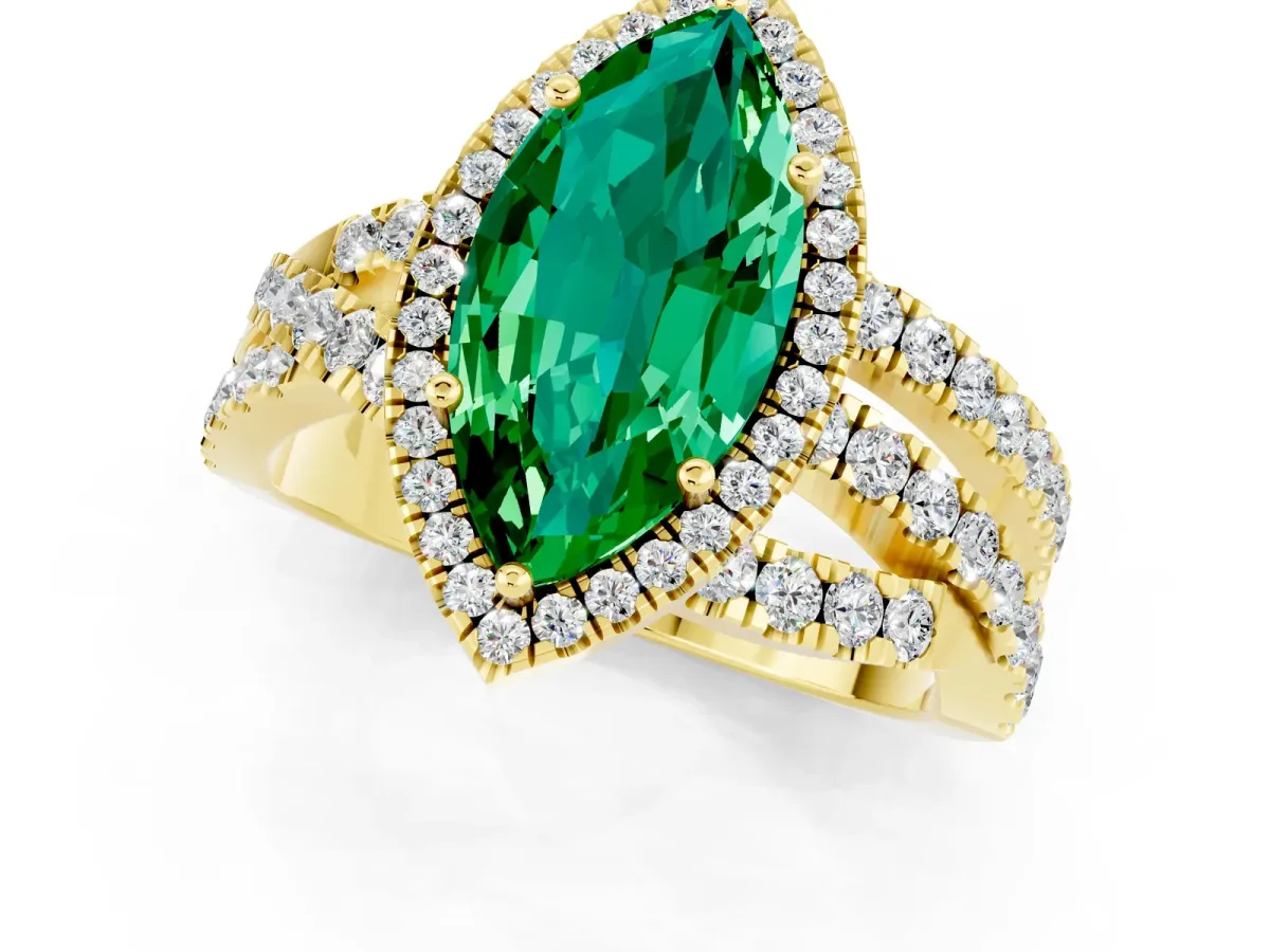 Marquise Cut Emerald Halo Ring with Round Split Shank and Prong Setting Yellow gold