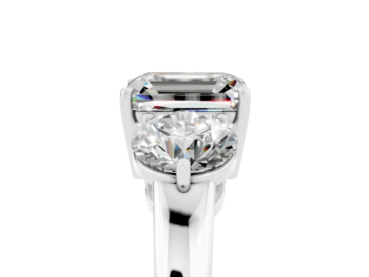 Emerald Cut Moissanite Three-Stone Ring with Prong Setting and Classic Band White gold