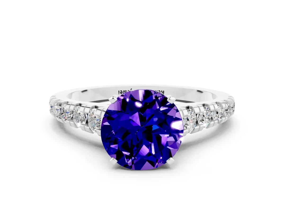 Round Cut Tanzanite Cathedral Solitaire Ring with Round Pavé Band Silver