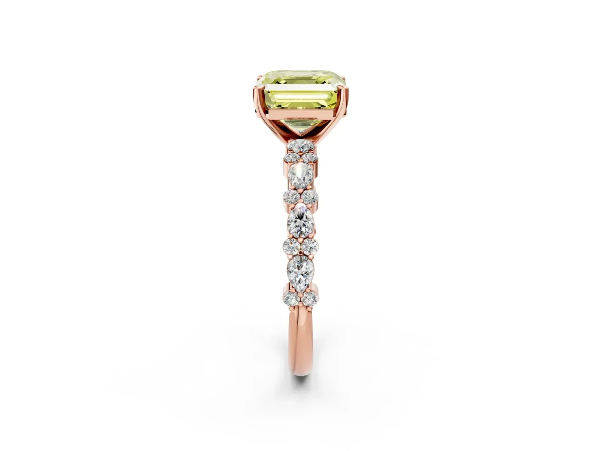 Fancy Yellow Asscher Cut Diamond Side Stone Solitaire Ring with Round and Four-Prong Setting Rose gold