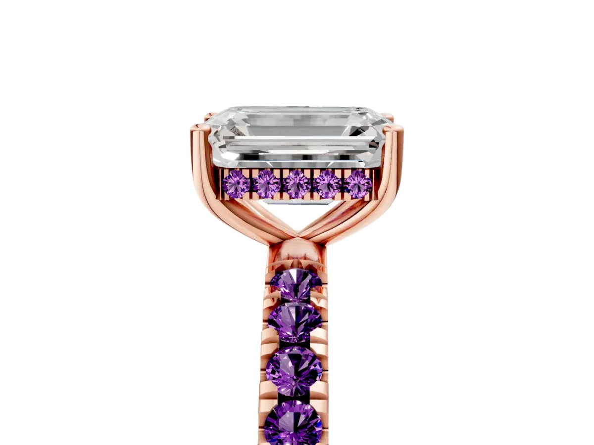 Emerald Cut Diamond Pave Band Solitaire Ring with Round Amethyst and Prong Setting Rose gold