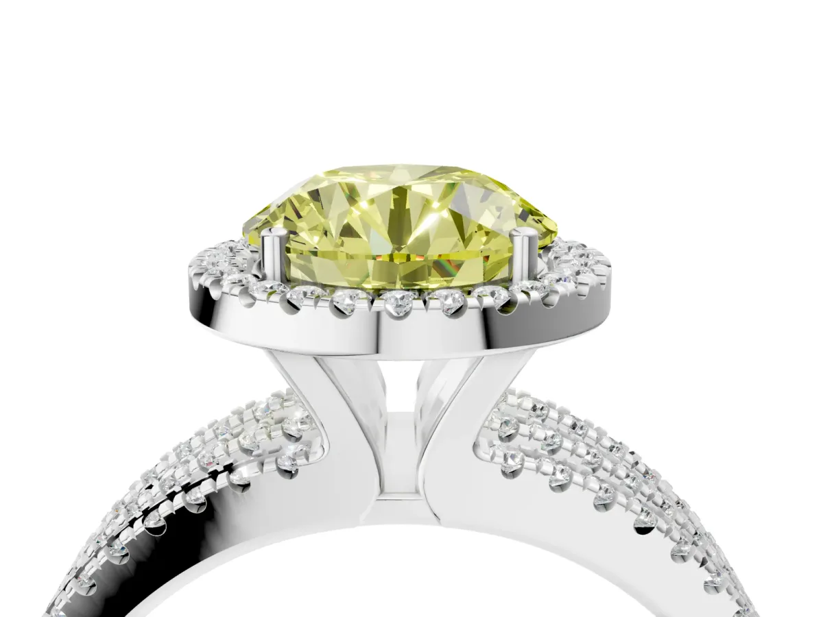 Fancy Yellow Round Cut Diamond Halo Engagement Ring with Split Shank and Four-Prong Setting Platinum