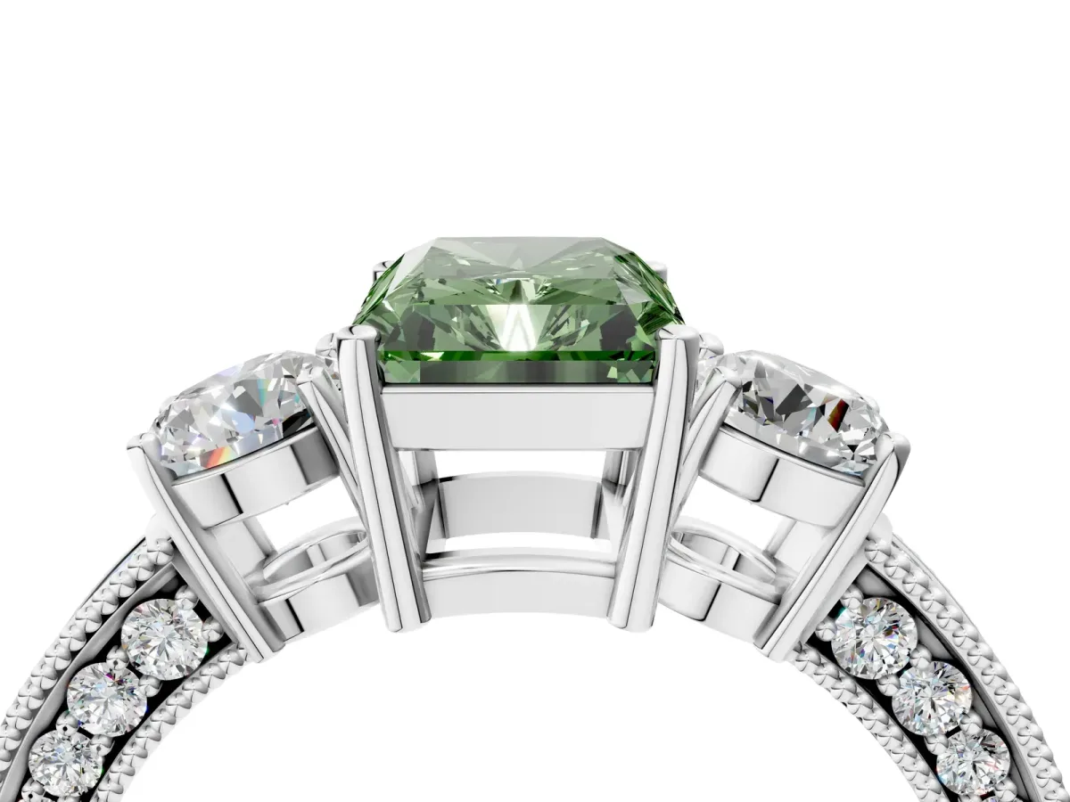 Fancy Green Radiant Cut Three-Stone Diamond Ring with Pavé Band and Four-Prong Setting Platinum