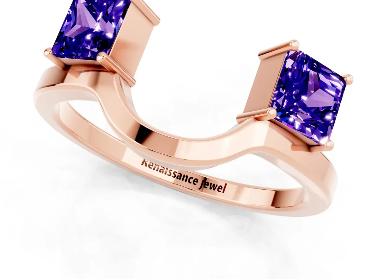 Princess Cut Tanzanite Two-Stone Open Band Ring with Four-Prong Setting Rose gold