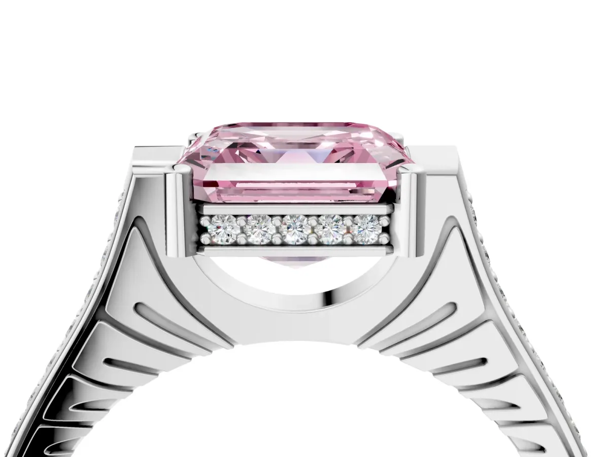 Fancy Pink Asscher Cut Solitaire Diamond Ring with Channel Set Band and Bezel Prong Setting Platinum