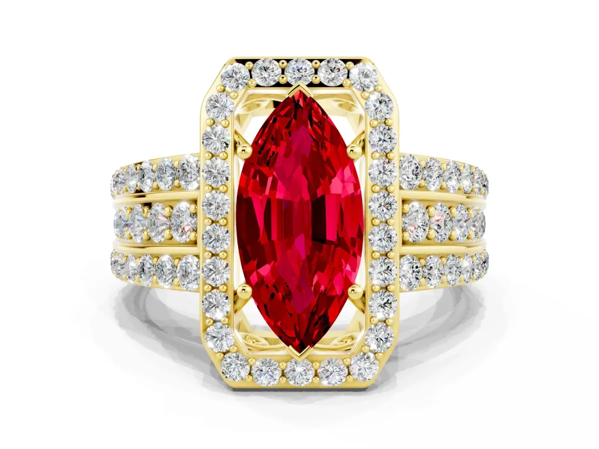 Marquise Cut Halo Ruby Ring with Round Split Shank and Prong Setting Yellow gold