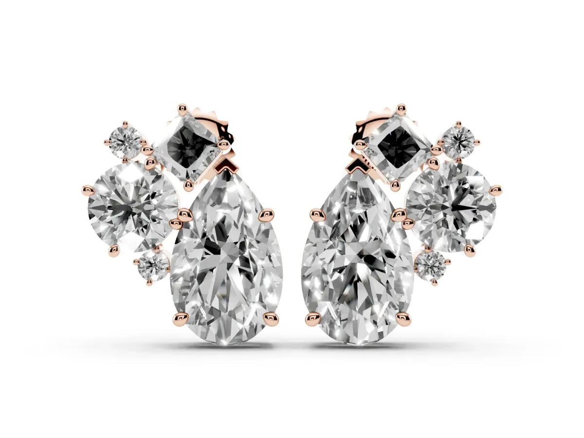 Multi-Shape Diamond Mosaic Five Stone Stud Earrings Rose gold